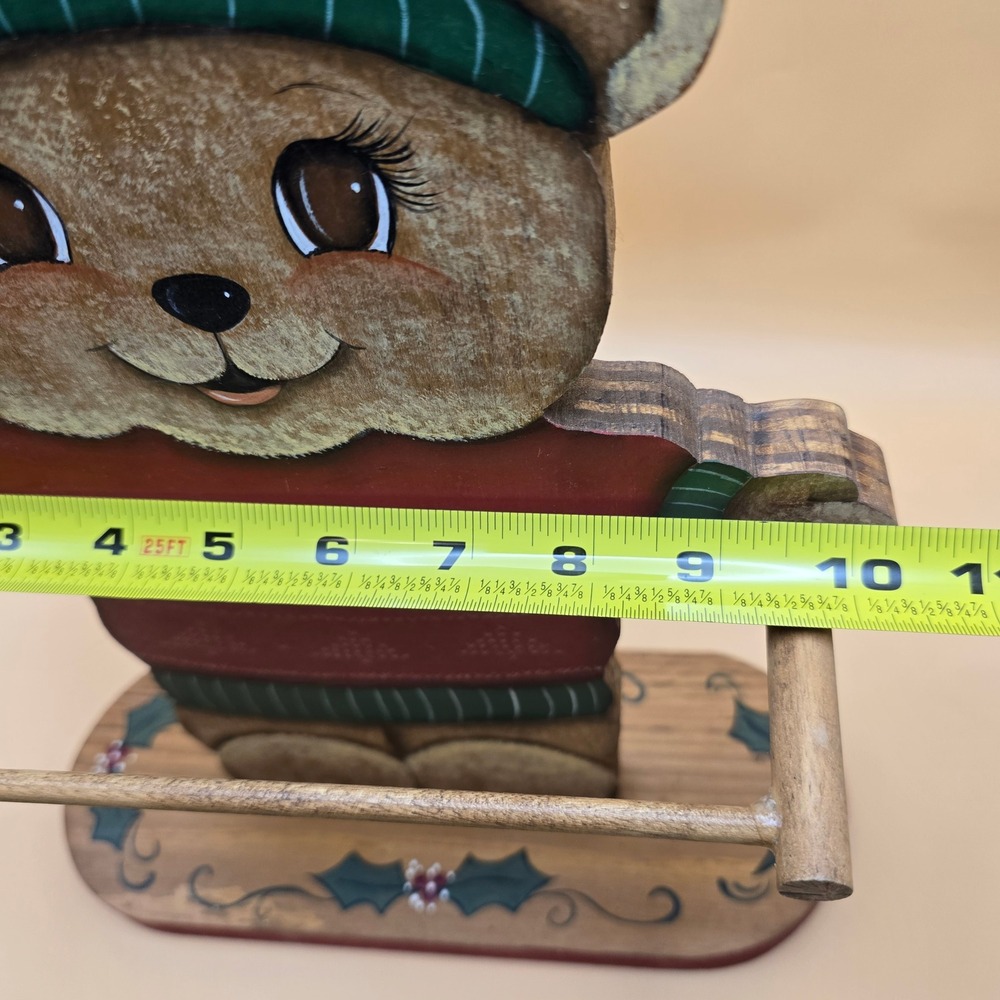 Vintage Christmas Wooden Teddy Bear Towel Holder Hand Painted Folk Art Holiday - Picture 11 of 16